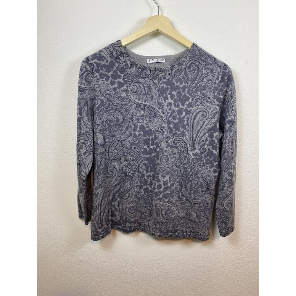 Pendleton Womens XL Sweater Gray Paisley 100% Merino Wool‎ Long Sleeve Pullover
